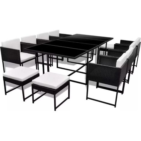 Table rectangulaire et 8 chaises de jardin résine tressée noir et coussins blanc Malm (1/5)