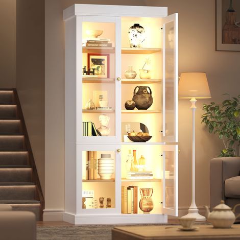 Armoire vitrine haute avec éclairage LED multicolore dimmable, étagères effet bois, structure renforcée et double anti-basculement, blanc