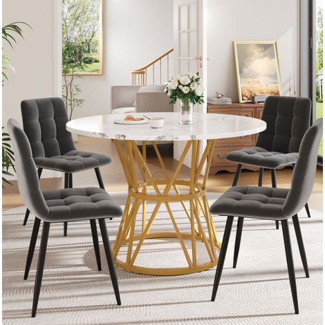 Set tavolo e sedie 5 pezzi, tavolo rotondo 100 cm con 4 sedie in velluto grigio HAVRYA (1/5)