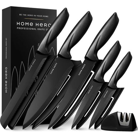 Ensemble de Couteaux de Cuisine 11 Pcs Acier Inoxydable Noir (1/5)