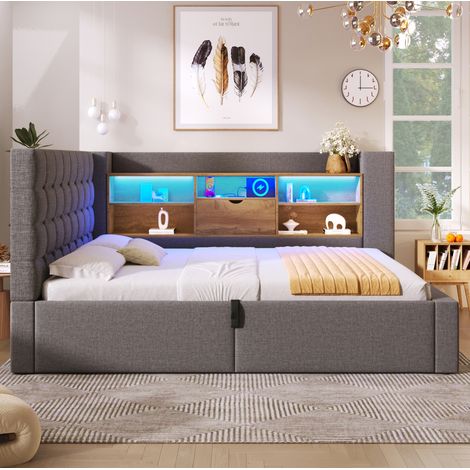 REDOM - Lit simple 90x200 cm avec LED, rangement hydraulique, tête de lit en L réversible, lin gris (Sans matelas) (1/5)