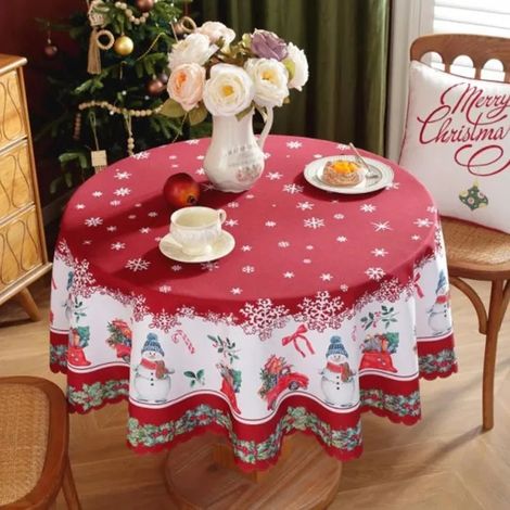 Nappe ronde rouge Noël 150 cm, imperméable, motif flocons, idéale pour repas de famille, fêtes et décoration intérieure. (1/5)