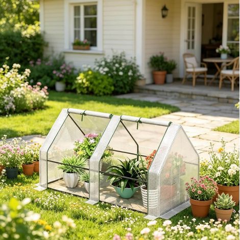 Mini invernadero de jardín 180 x 90 x 90 cm en acero y PEHD blanco OKMYHOME (1/5)