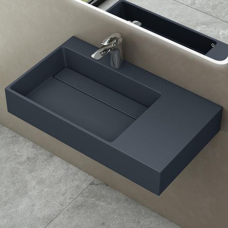doporro Lavabo Bagno Sospeso Lavabo da Appoggio Rettangolare in Marmo Resina Antracite Opaco, Vasca a Sinistra 75x43x14 cm con 1 Foro Rubinetto e Piletta Scarico, Colossum12