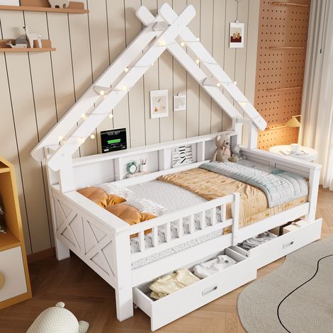 Cama Casita Cama Individual con LED, 2 Cajones y Estantes, 90 × 200 cm, sin Colchón, Blanca, Madera (1/5)