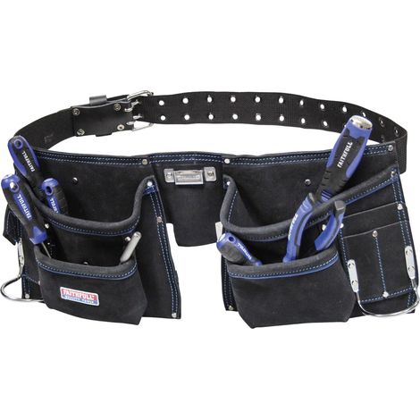 Pochette double en cuir suédé pour outils et clous – Ceinture à outils 10 poches avec passants pour marteau et ceinture à œillets réglable (tailles : 81 à 112 cm) - Noir (1/5)