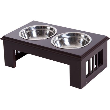 Juego De 2 Cuencos Para Perros De Acero Inoxidable, Cuenco Elevado Para Gatos, Mdf, Fácil Cuidado, Café, 44X24X15Cm (1/5)