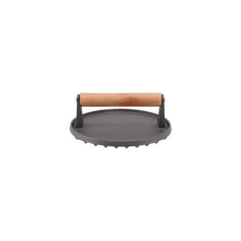 Grillpresse aus Gusseisen mit geriffelter Oberfläche und komfortablem Holzgriff zum Grillen und Braten von Steaks (1/5)