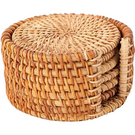 6 Pièces Dessous, sous Verre Bois Rond, Dessous De Verre en Rotin, sous-Verres pour Boissons, sous Verres pour Table Basse, avec Support en Rotin, pour Les Restaurants Et La Maison (1/5)