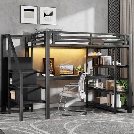 Lit métal 140 x 200 cm noir avec échelle, bureau intégré, penderie ouverte, rangements et usb led (1/5)