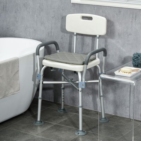 Chaise de douche réglable en hauteur avec accoudoirs et coussin amovible 53.5x52x80-90 cm, Blanc (1/5)