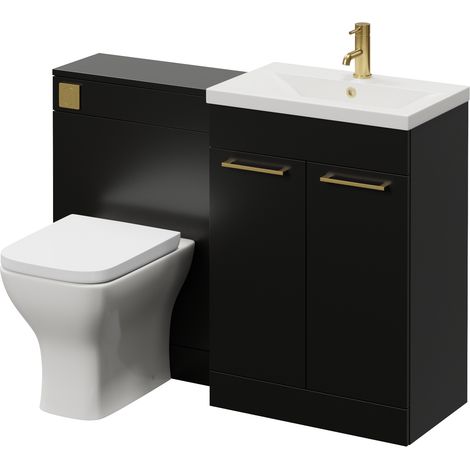 Napoli 390 Cento Matt Black 1200mm 2 Door Vanity Unit Toilet Suite with Glide Basin - 1200mm - Brushed Brass 160mm HandleWith Kingston Toilet Pan and Seat