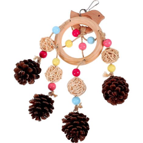 Jouet à mâcher en forme de boule de rotin durable suspendue et compatible avec les oiseaux, en forme de pomme de pin. (1/5)