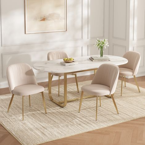 4er Esszimmerstühle aus beige Samt mit goldfarbenen Metallbeinen, ergonomische Rückenlehne, einfache Montage (1/5)