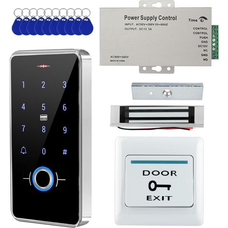 Kit de contrôle d'accès à empreintes digitales et RFID avec serrure magnétique de 180 kg, alimentation, bouton de sortie et 10 porte-clés (F20-set-180 kg) (1/5)