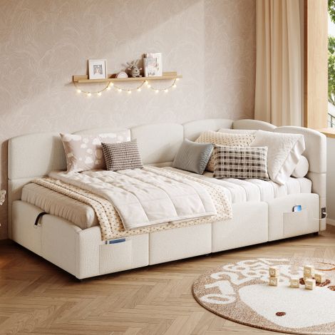 Lit coffre - 90x200 cm - avec sommier à lattes et USB - tissu bouclé beige - sans matelas (1/5)