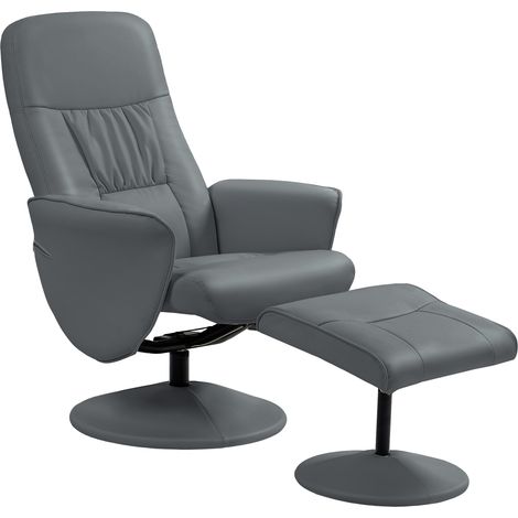 Swivel Recliner Chair with Footstool, PU Leather Armchair and Ottoman with High Back and Round Base for Living Room, Grey