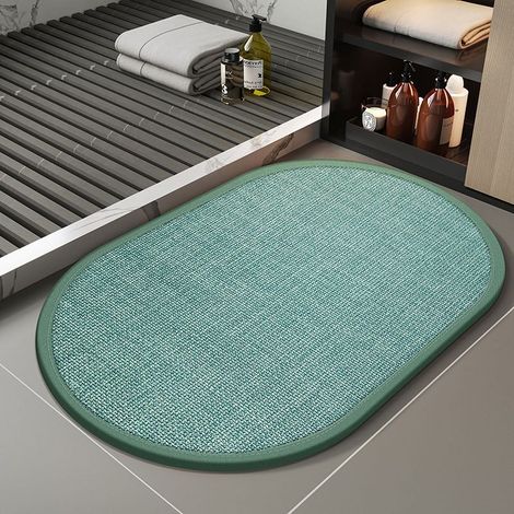 Tapis de sol en lin et terre de diatomée – Absorbant, antidérapant et séchage rapide – Style minimaliste pour salle de bain et entrée – Modèle vert paon, forme ovale (50 x 80 cm)-lsw