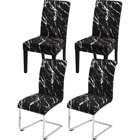 Stuhlhussen 4er Set Schwarz mit Silber Marmoroptik, Stretch, Waschbar, Universal (1/5)