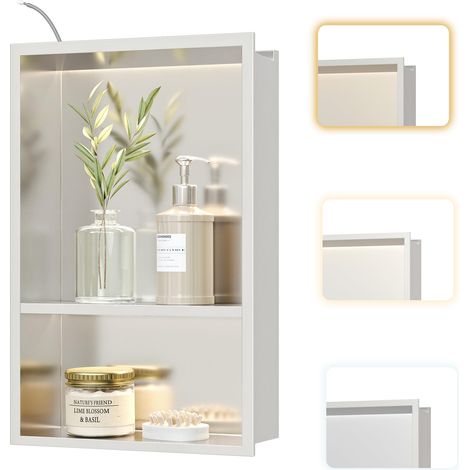 Douche murale en acier inoxydable avec lumière LED, 3 couleurs, niche de douche encastrée avec étagère 45 x 30 cm pour salle de bain, rangement et décoration (1/5)