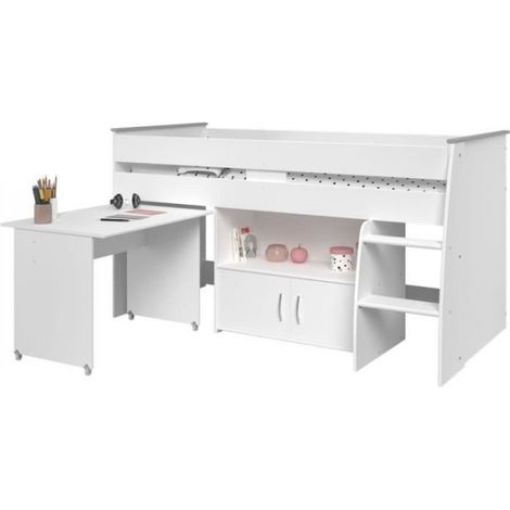 Lit combiné enfant 90x200 cm – Blanc – Sommier inclus – Bureau sur roulettes – Rangement 2 portes et 1 niche – Parisot (1/5)