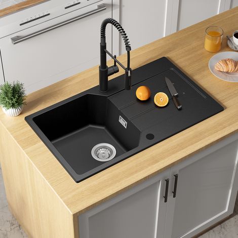 Anycee Max Lavello da cucina in quarzo e resina, lavello da cucina a una vasca 78 x 45 cm, lavello da cucina con ripiano