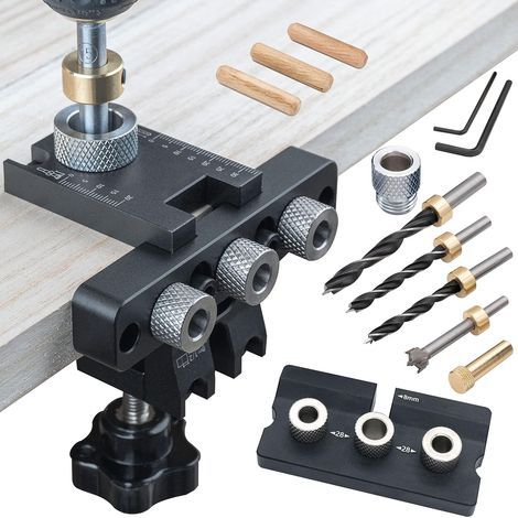 3-in-1 Zapfenbohr- und Positionierungsset für die Holzbearbeitung mit verstellbaren Bohrern (8/10/15 mm), Präzisionsführung für die Möbelmontage. (1/5)