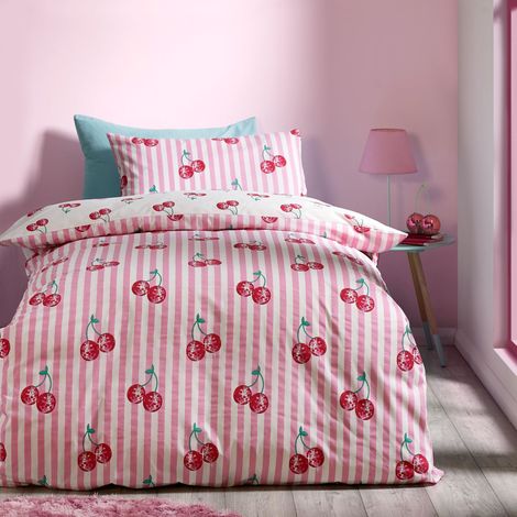 Parure de lit réversible avec Housse de Couette et taie d'oreiller Motif Rayures Cerises Rose (1/5)