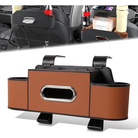 Organiseur pour siège arrière de voiture 3 en 1, boîte de rangement multifonctionnelle pour dossier de siège de voiture avec porte-gobelet, boîte à mouchoirs et crochets (B-Marron) (1/5)
