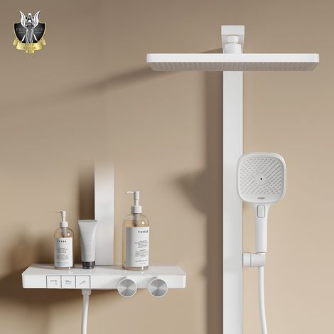 EMKE Thermostat-Duschsäule Weiß 36cm Regendusche 4-Strahler Handbrause Durchflussregelung 40cm Ablage Anti-Verbrühung