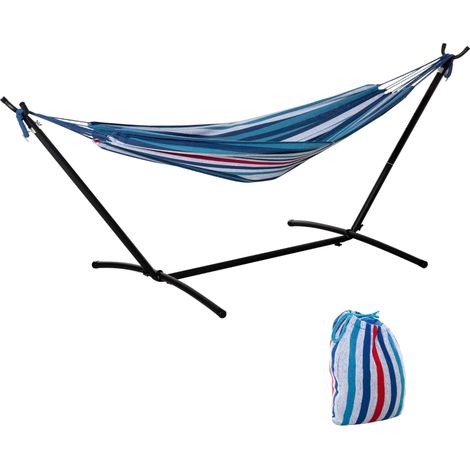 Hamaca con Soporte 310x117cm para Camping con Altura Ajustable y Bolsa de Transporte Carga 120 kg Rayas Azul y Blanco (1/5)