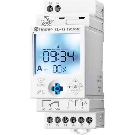 Interruttore astronomico digitale NFC, settimanale, intervallo 1 minuto, uscita analogica 0-10 V o PWM, 1 contatto in scambio, 16A, 230Vac, serie 12 - Finder 12.A4.8.230.0010