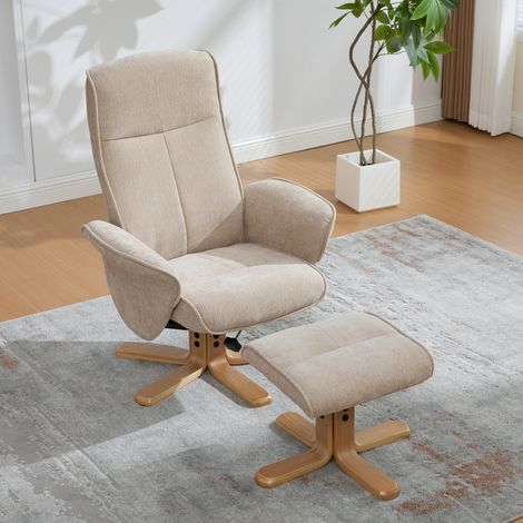 Fauteuil inclinable pivotant multifonctionnel nordique taupe clair, chenille, bois massif, support métallique, repose-pieds