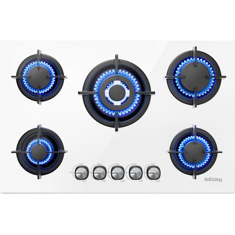 Plaque de Cuisson Gaz 5 Foyers L77 x P51 cm Blanc, Gaz Naturel/Propane/Butane (1/5)