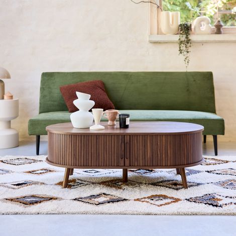 Sweeek – Table basse relevable 2 portes coulissantes – 3 compartiments de rangement – Panneaux stratifiés – Style scandinave – L 110 x P 59 x H 39cm