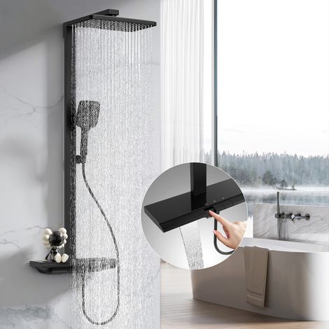 Aihom – Colonne de douche thermostatique 40°C noir – Mitigeur anti-brûlure – Commandes boutons-piano – Étagère en verre trempé – Douchette 3 jets