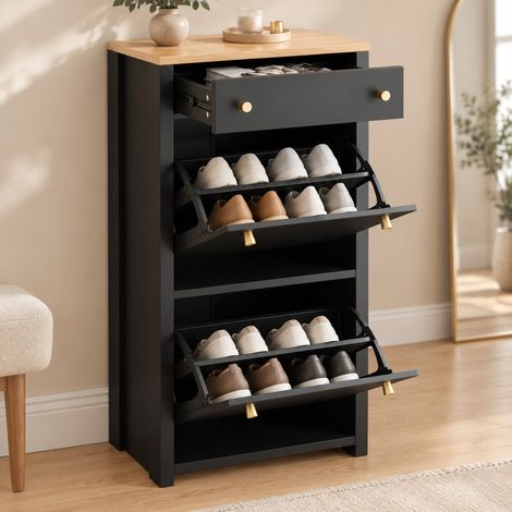 Zapatero estrecho con 2 compartimentos abatibles, cajón y baldas regulables, MDF negro y madera clara para recibidor pequeño – CHICFURN, 50 × 25 × 95 cm (1/5)