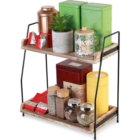 Etagere Cuisine Rangement, Étagère à Épices, Organisateur de Bar à Café en Bois à 2 Niveaux, Organisateur Plan de Travail, Etagere Rangement Cuisine Maison Bureau (1/5)