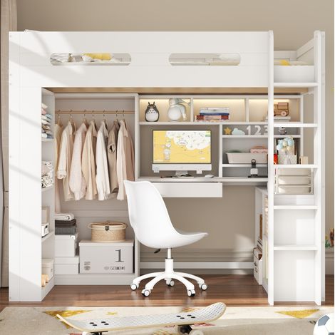 Cama alta 90x200 cm en madera blanca con escritorio integrado, armario abierto, almacenaje, LED y puerto USB (1/5)