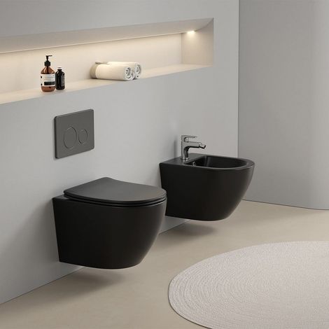 Set Aus Hänge-Sanitärkeramik, Mattschwarz, Inkl. Wc-Sitz  Folk