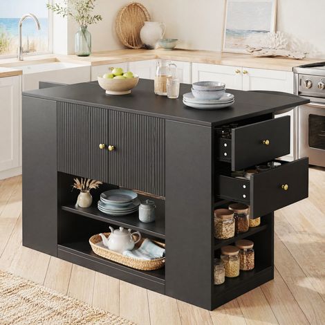 MEUBLIV isola cucina 140x40x90 cm nero – tavolo ribaltabile, contenitori e cassetti (1/5)