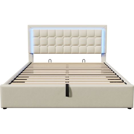 Lit rembourré avec sommier à lattes et espace de rangement, lit double avec bande lumineuse LED, cadre de lit 140x200 cm, lit de rangement fonctionnel, revêtement en similicuir blanc, sans matelas (1/5)