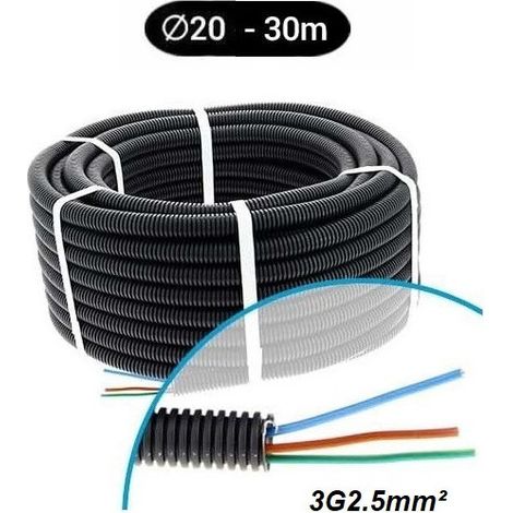 Gaine électrique préfilée 3G2.5mm² 3 fils H07VU Rouge/Bleu/Vert-Jaune Ø 20mm – Couronne de 30m pour installation électrique – Qofil