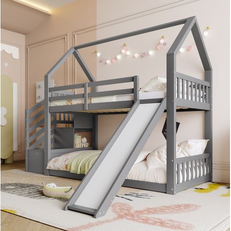Litera 90/200 cm gris con tobogán y escalera con almacenaje, diseño de casita (1/5)