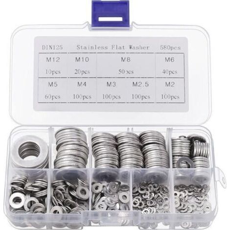 Belle Vous Rondelle Inox avec Boîte de Rangement (Lot de 580) - Assortiment de 9 Tailles M2, M2.5, M3, M4, M5, M6, M8, M10 &amp M12 - Lot de Rondelles Métal - Réparations, Usines &amp Décoration Intér