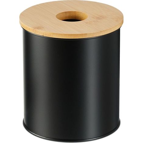 Poubelle de salle de bain, 2 litres, couvercle en bambou avec trou, ronde, pour la coiffeuse, noire (1/5)