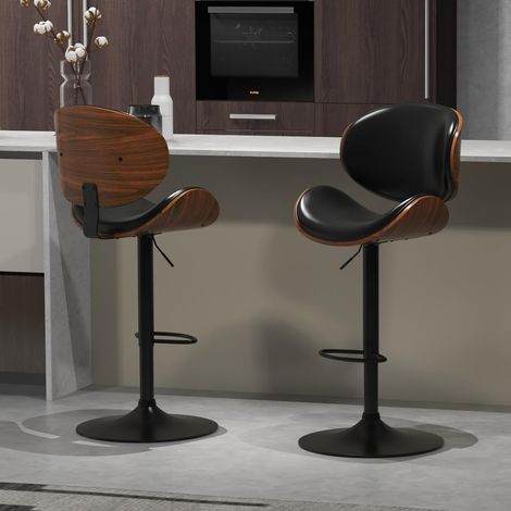 Lot de 2 tabourets de bar 360° pivotants réglables en hauteur, en bois et similicuir, avec dossier ergonomique et repose-pieds, pour îlot de cuisine et comptoir - Noir