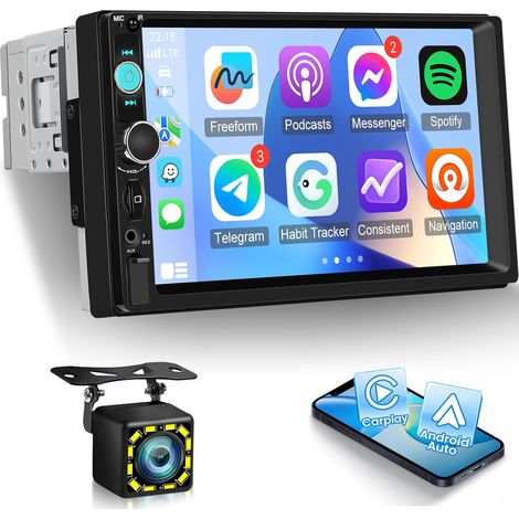 Autoradio 7 Pouces Simple DIN - Autoradio 1 DIN avec CarPlay et Android Auto sans Fil, Mirror Link, Commandes au Volant FM, USB/SD/AUX, visionnage Youtube en Ligne + caméra de recul (1/5)