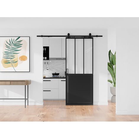 Porte coulissante atelier avec système en applique - Noir et verre trempé dépoli - H205 x L63 cm - ARTISTO II (1/4)