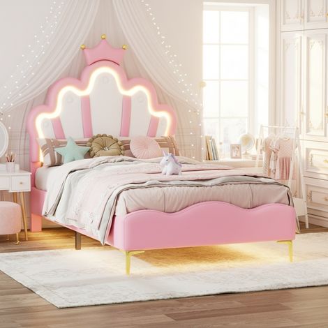 Lit enfant capitonné 90 x 200 cm, lit simple, tête de lit en forme de princesse couronne et avec barre lumineuse LED réglable, lit fille avec sommier à lattes,pour enfants et adolescents, PU, Rose